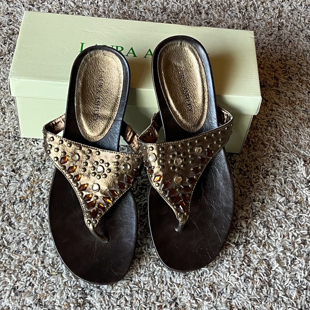 Laura Ashley Women's Brown and Gold Jeweled Sandals